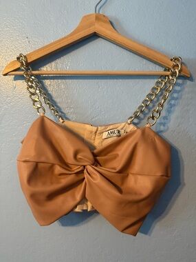 AMUR Camel Faux-Leather Knot Front Crop Top with Gold Chain Straps